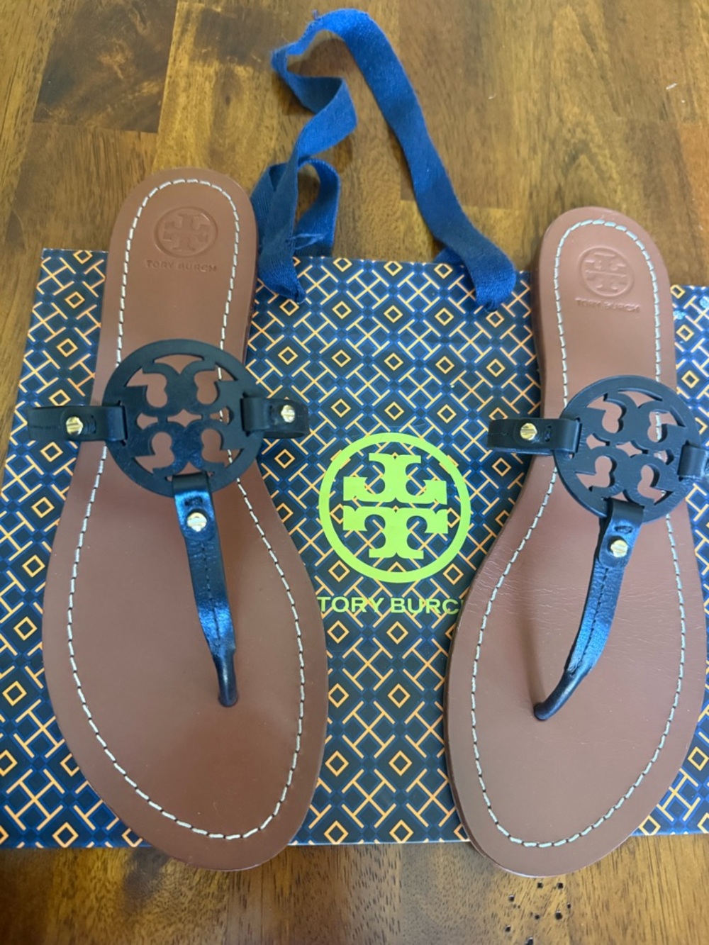 Tory Burch Designer Brown Leather Thong Sandals with Black Logo Medallions
